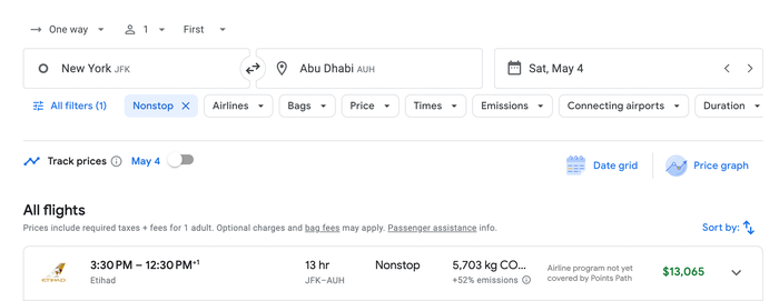 JFK to AUH First Class Etihad Cash Fare JFK to AUH First Class Etihad Cash Fare