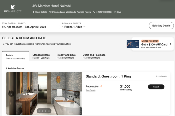 JW Marriott Hotel Nairobi book with points