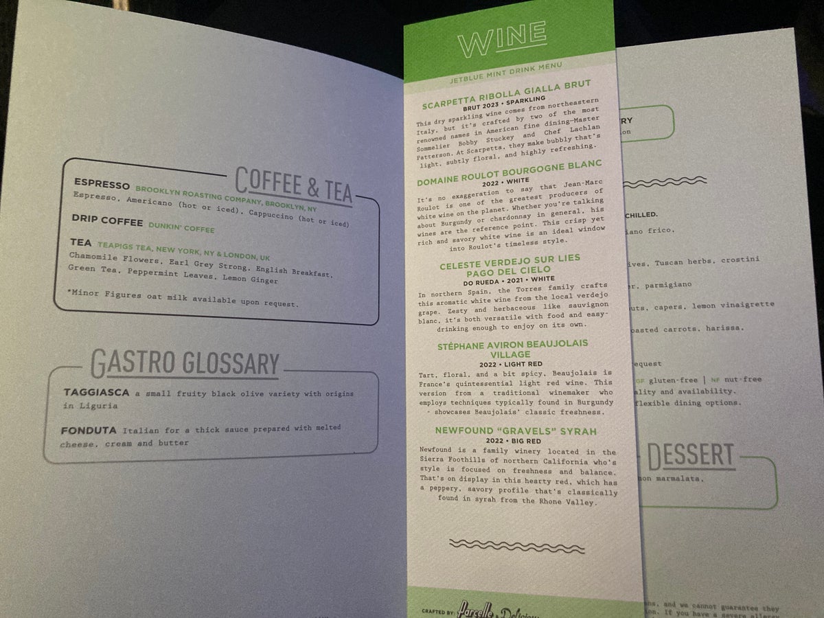 JetBlue Mint A321 drinks and wine menu