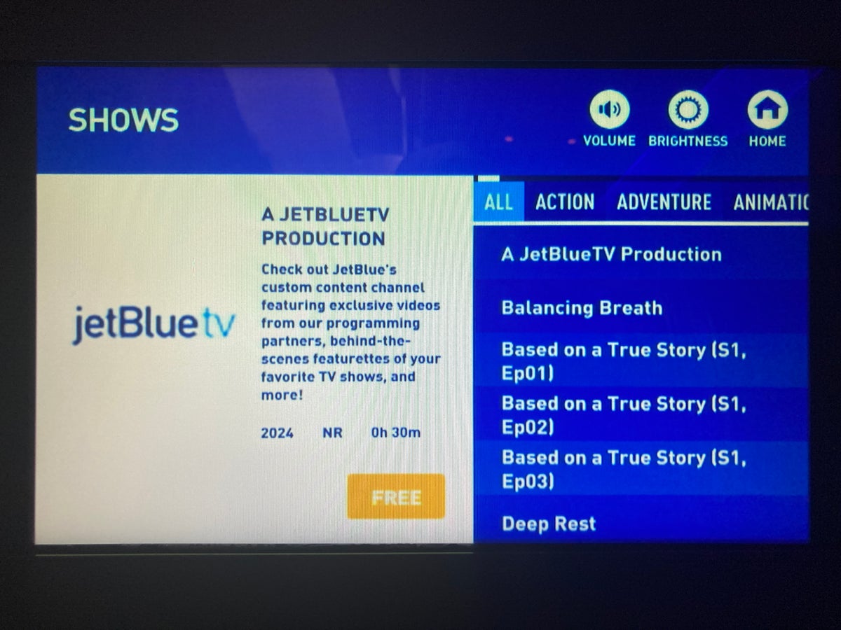 JetBlue Mint A321 entertainment screen shows