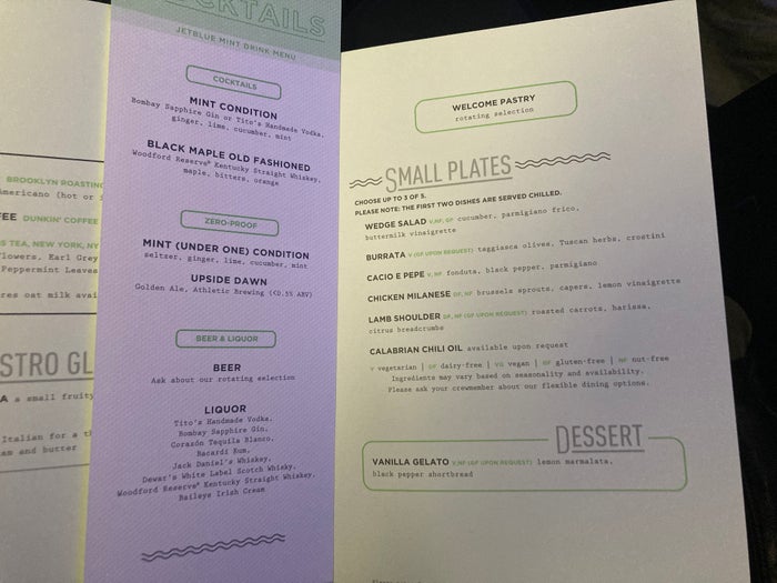 JetBlue Mint A321 menu