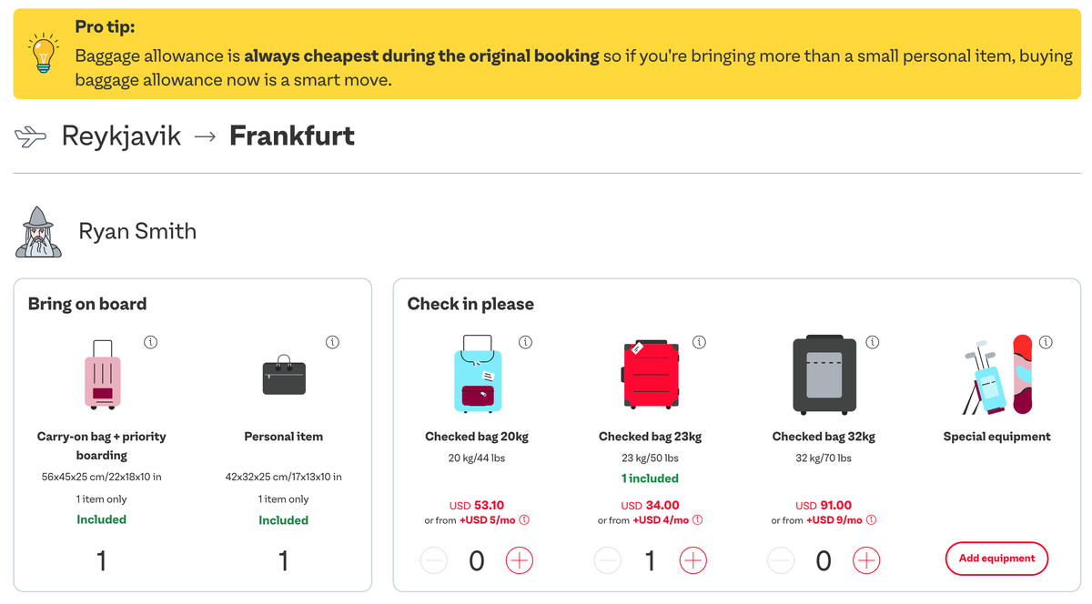 Play Iceland luggage costs during booking