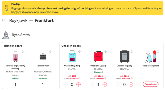 Play Iceland luggage costs during booking Play Iceland luggage costs during booking