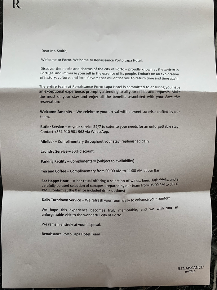 Renaissance Porto Lapa Hotel welcome letter Renaissance Porto Lapa Hotel welcome letter