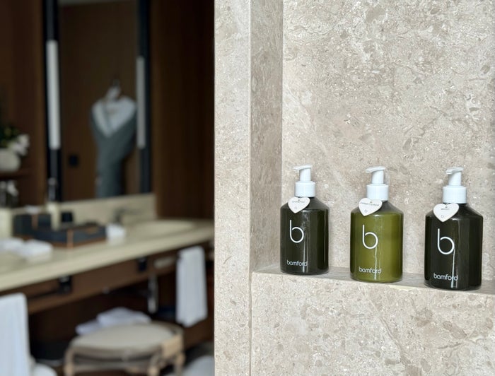 Ritz Carlton Fari Islands 2 bed overwater villa bathroom Bamford shower amenities Ritz Carlton Fari Islands 2 bed overwater villa bathroom Bamford shower amenities