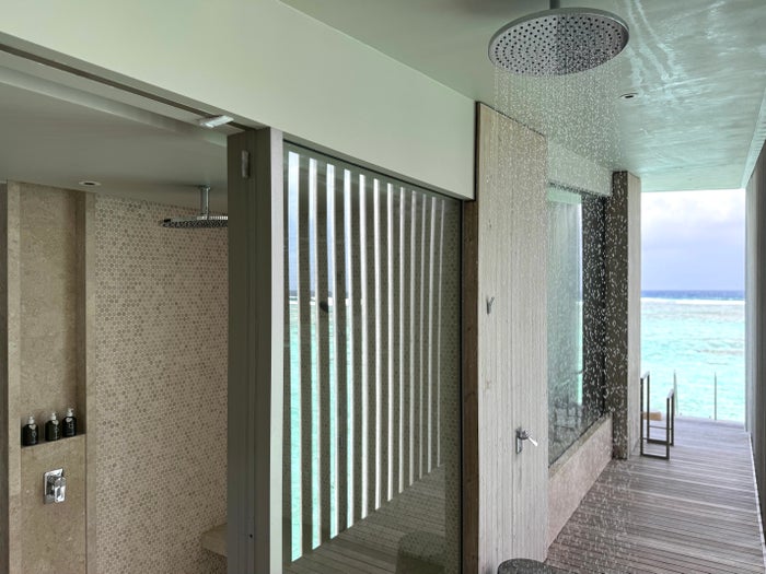 Ritz Carlton Fari Islands 2 bed overwater villa bathroom shower Ritz Carlton Fari Islands 2 bed overwater villa bathroom shower