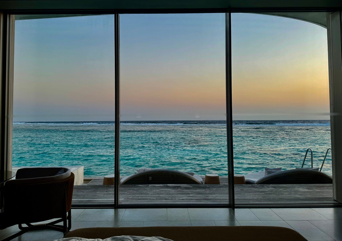 Ritz Carlton Fari Islands 2 bed overwater villa bed view sunrise