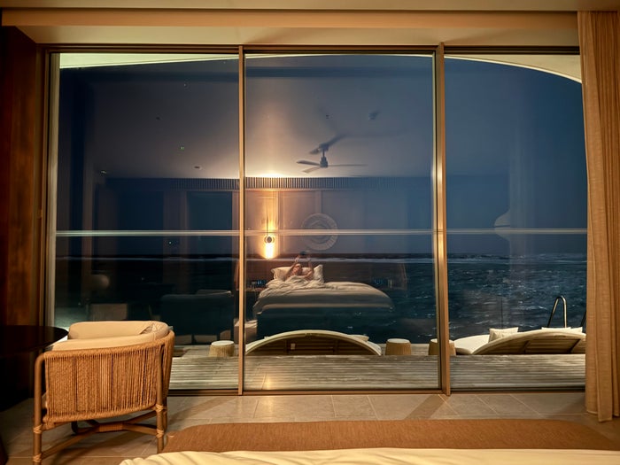 Ritz Carlton Fari Islands 2 bed overwater villa bed view Ritz Carlton Fari Islands 2 bed overwater villa bed view