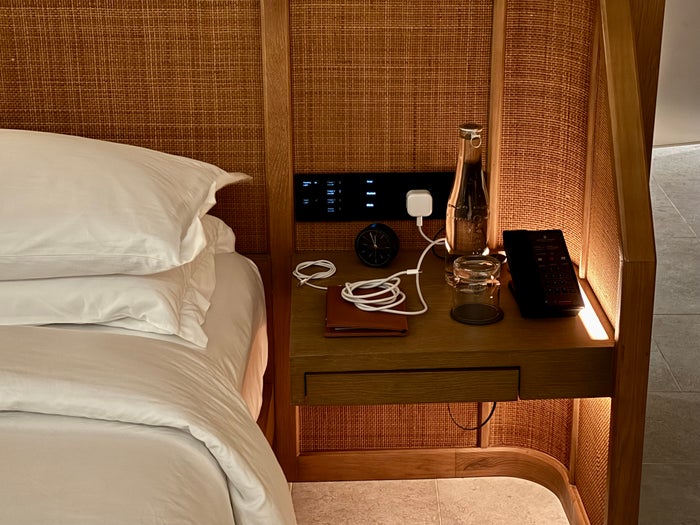 Ritz Carlton Fari Islands 2 bed overwater villa bedroom bedside table Ritz Carlton Fari Islands 2 bed overwater villa bedroom bedside table