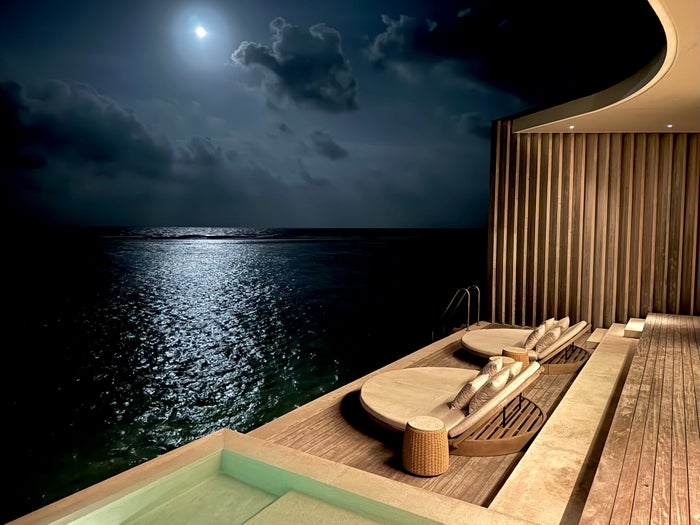 Ritz Carlton Fari Islands 2 bed overwater villa pool by night Ritz Carlton Fari Islands 2 bed overwater villa pool by night