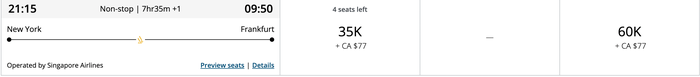 Singapore Airlines JFK FRA Aeroplan Screenshot