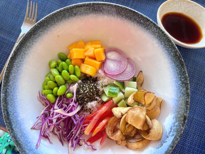 Vegan organic rice bowl at Velaa Bar and grill Vegan organic rice bowl at Velaa Bar and grill