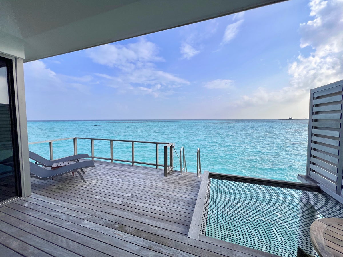 View from the sunset overwater villa at Le Meridien Maldives