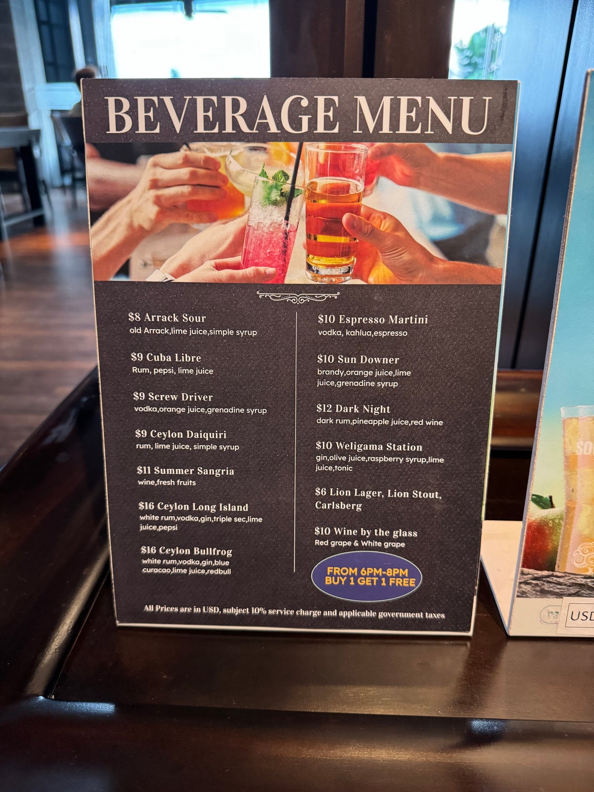 Weligama Bay Marriott Tides drink menu