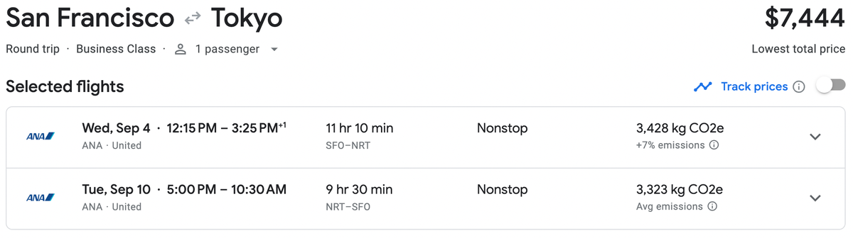 ANA Business Class SFO NRT Screenshot Google Flights