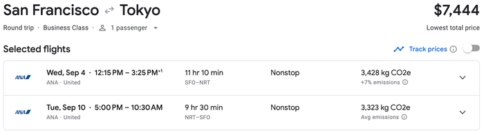 ANA Business Class SFO NRT Screenshot Google Flights ANA Business Class SFO NRT Screenshot Google Flights