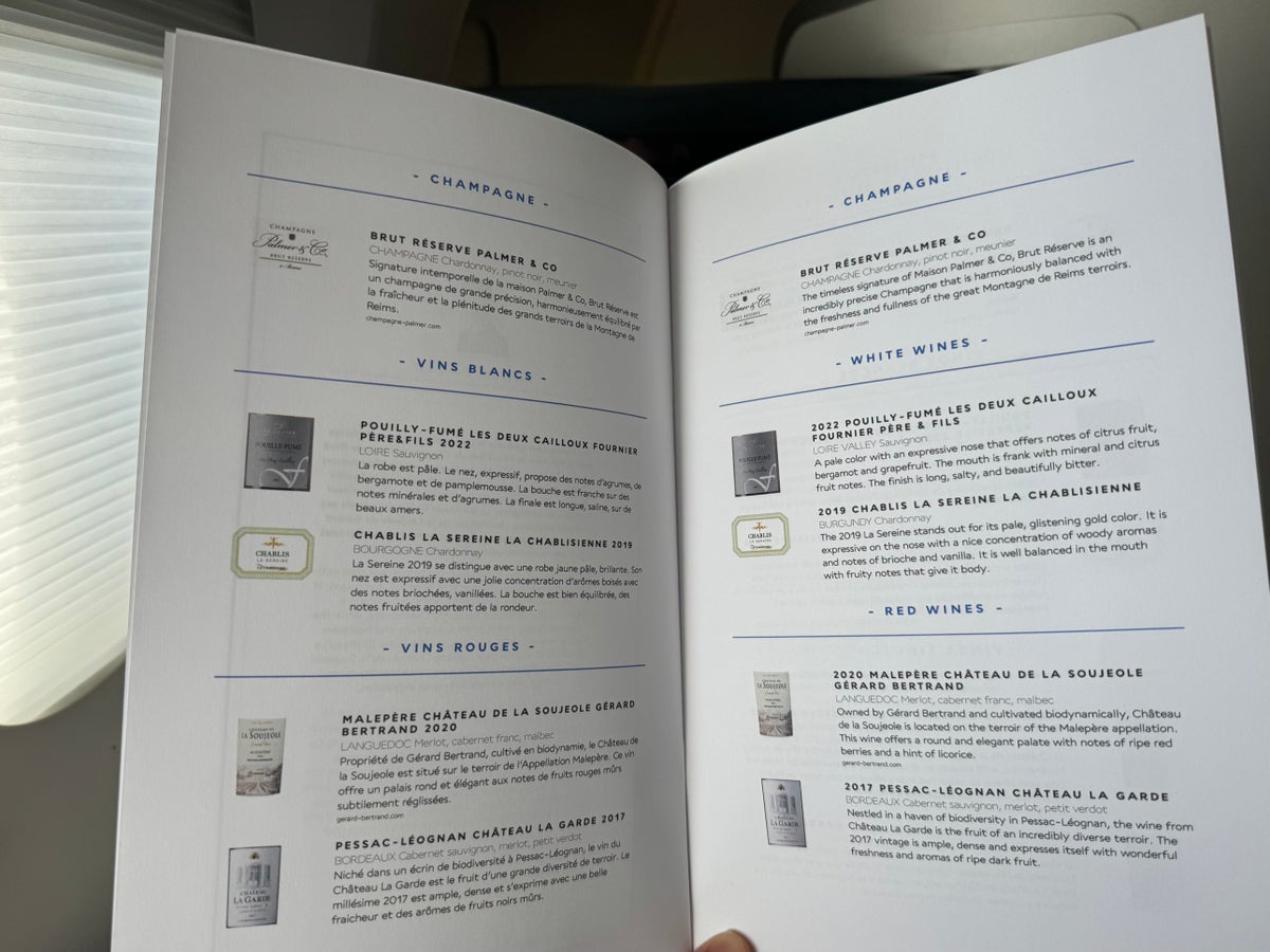 Air France Business Class Airbus A350 FnB wine list