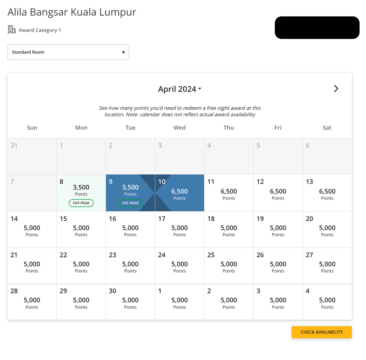 Alila Bangsar Kuala Lumpur April 2024 points calendar
