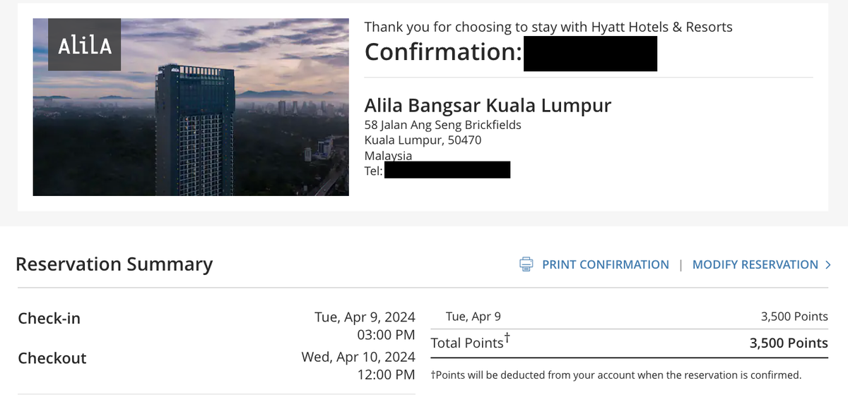 Alila Bangsar Kuala Lumpur points confirmation