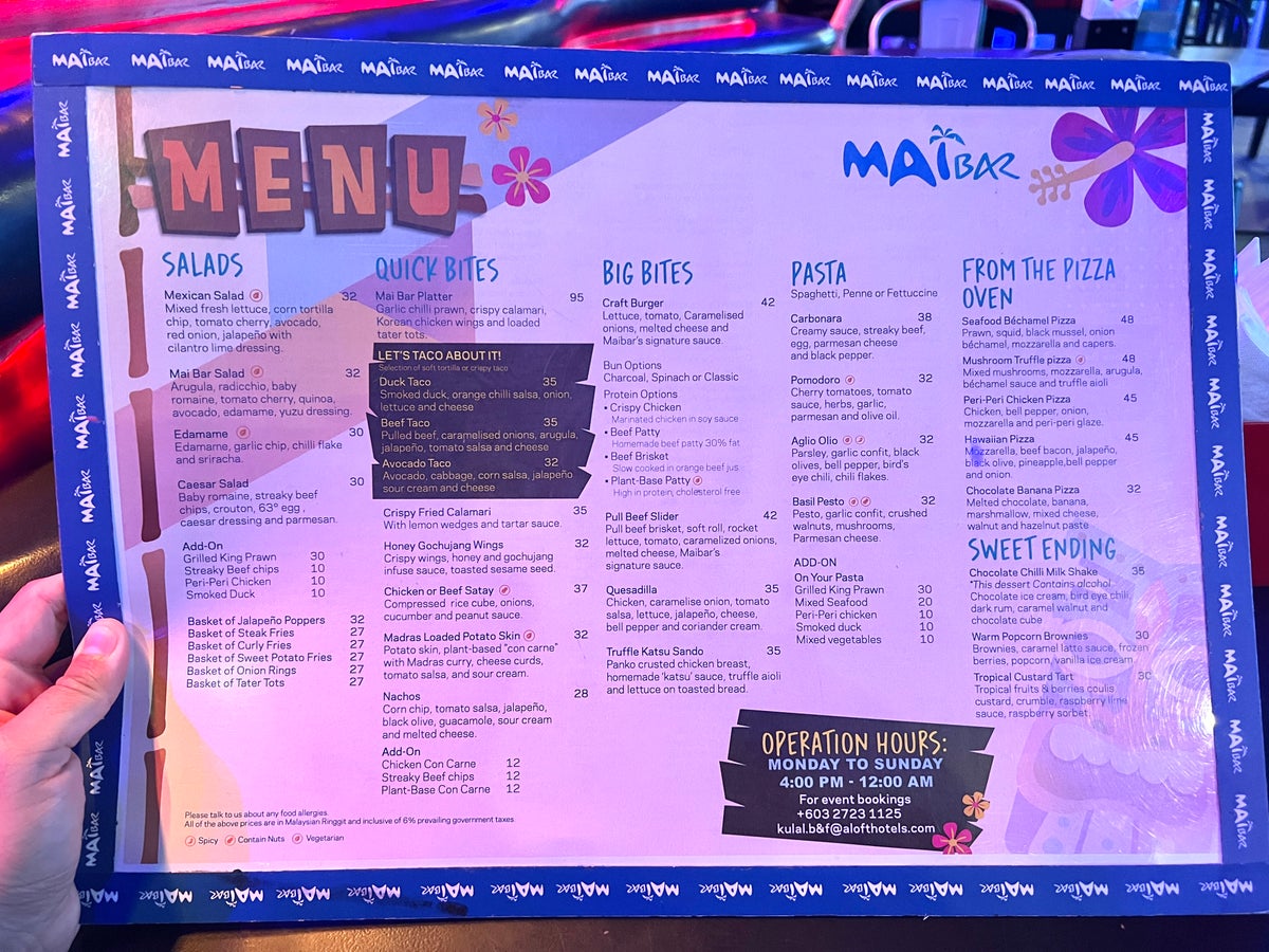 Aloft Kuala Lumpur Sentral MAIBAR menu
