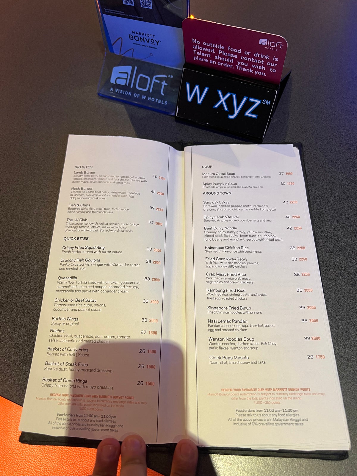 Aloft Kuala Lumpur Sentral WXYZ Bar menu