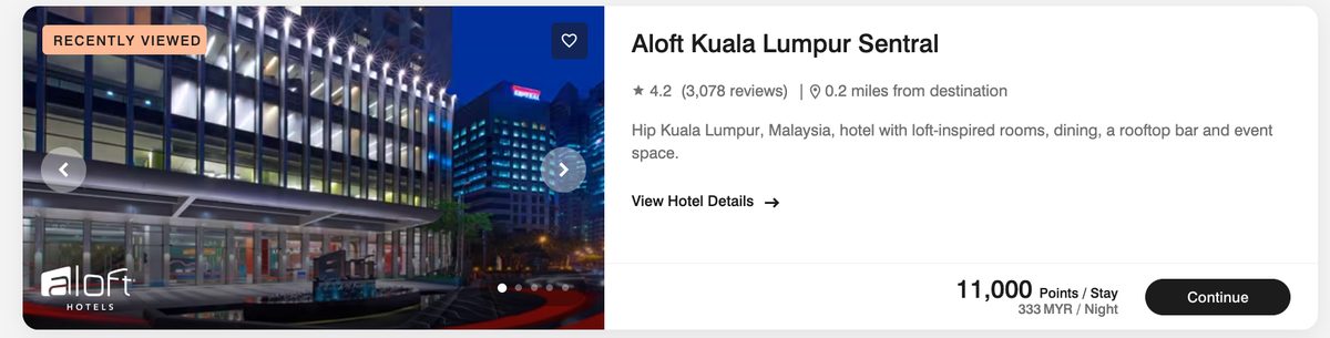 Aloft Kuala Lumpur Sentral points price