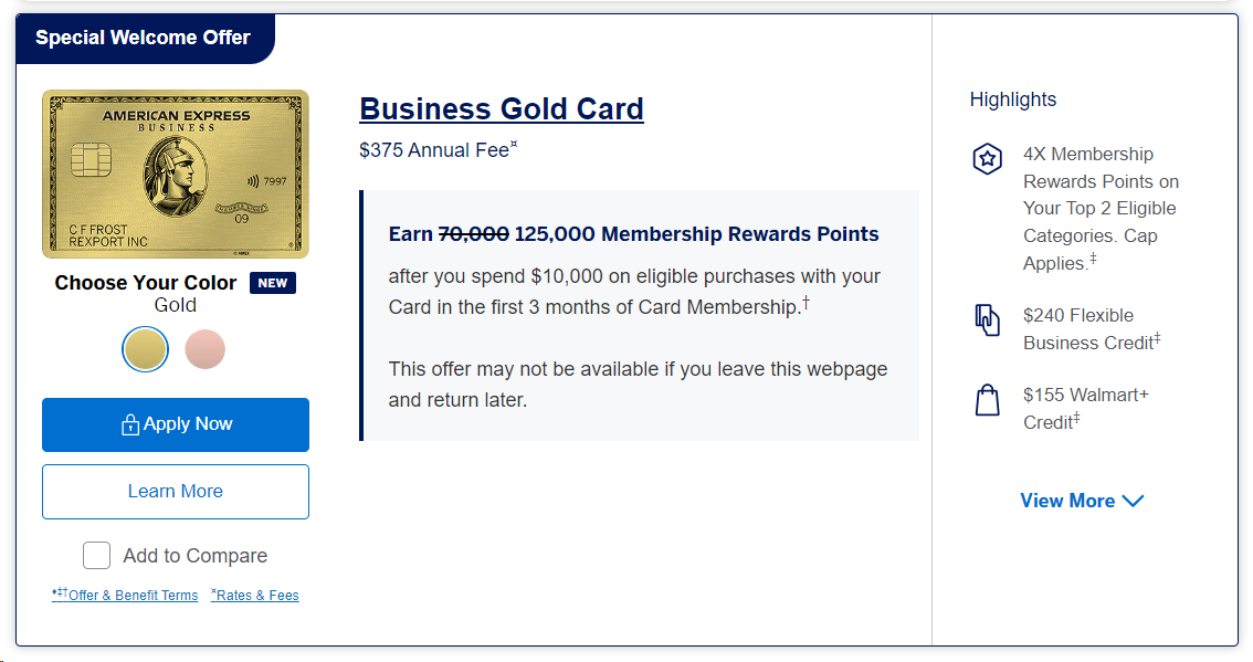 Amex Business Gold Card 125000 welcome offer