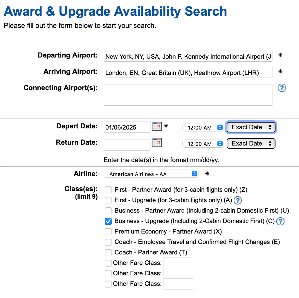 Award and Upgrade Availability Search Expert Flyer