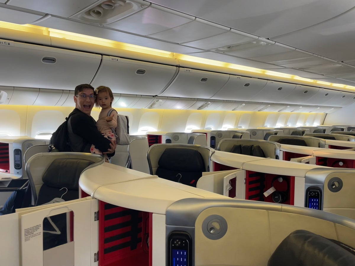 Boarding Air France Business with a toddler