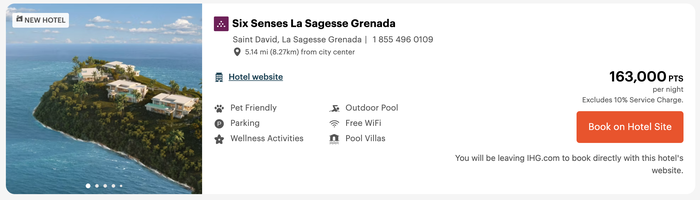 Cost in IHG points at Six Senses Grenada