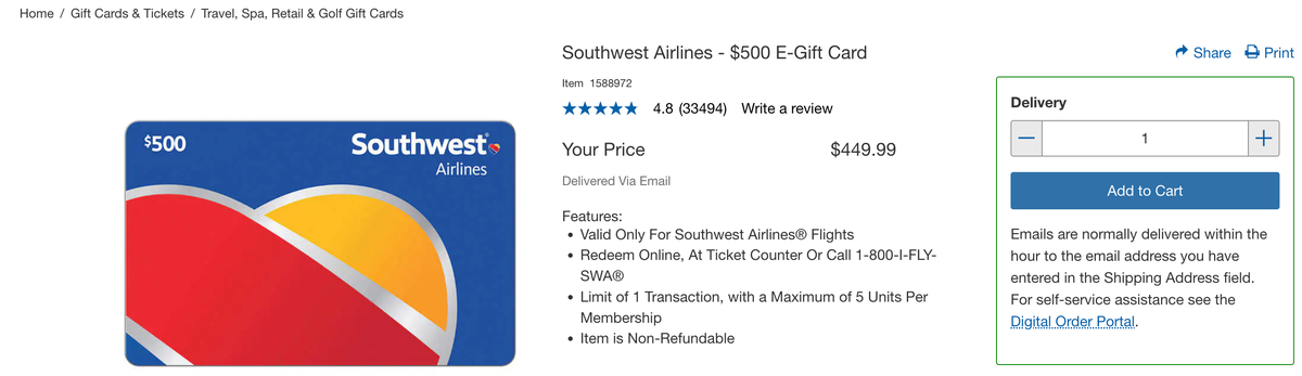 Costco Southwest gift card