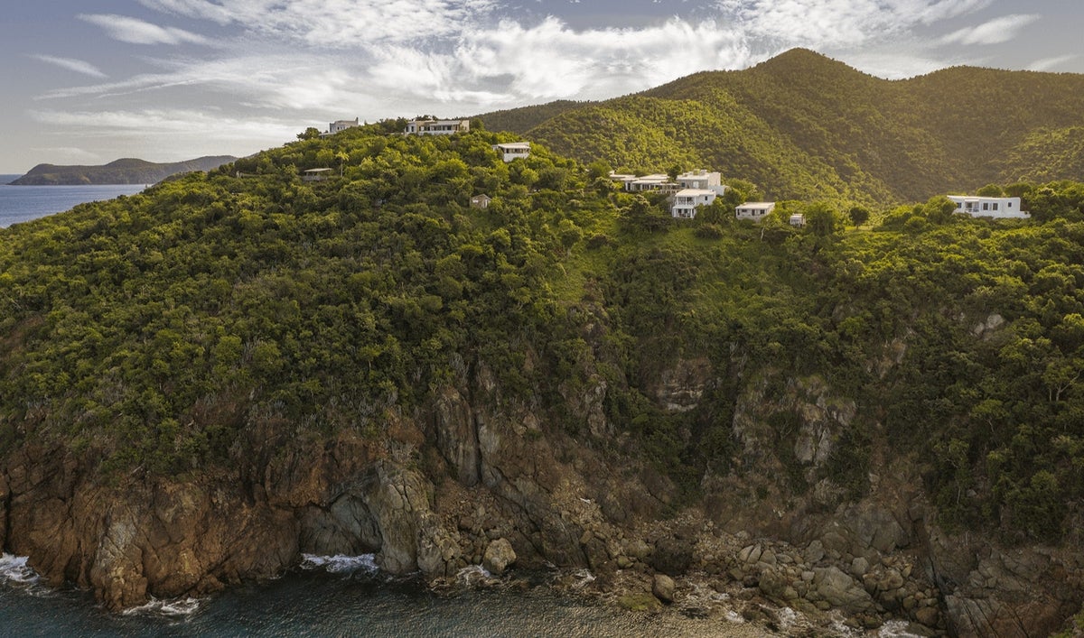 Guana Island Resort in the British Virgin Islands overlooks the water from high on the mountainside.