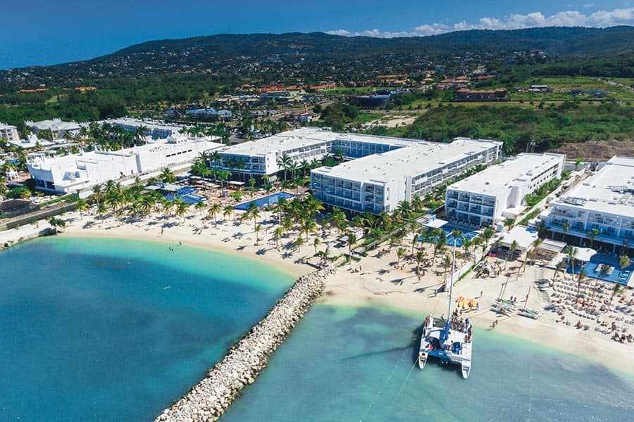 An aerial view of the hotel and beach at Hotel Riu Palace Jamaica.