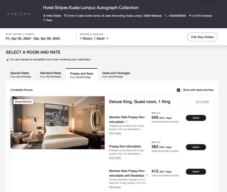 Hotel Stripes Kuala Lumpur Autograph Collection room rate with taxes