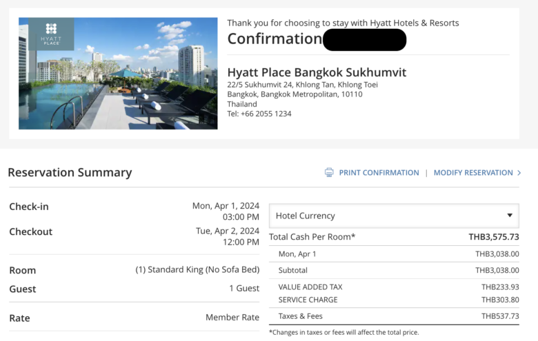 Hyatt Place Bangkok Sukhumvit confirmation