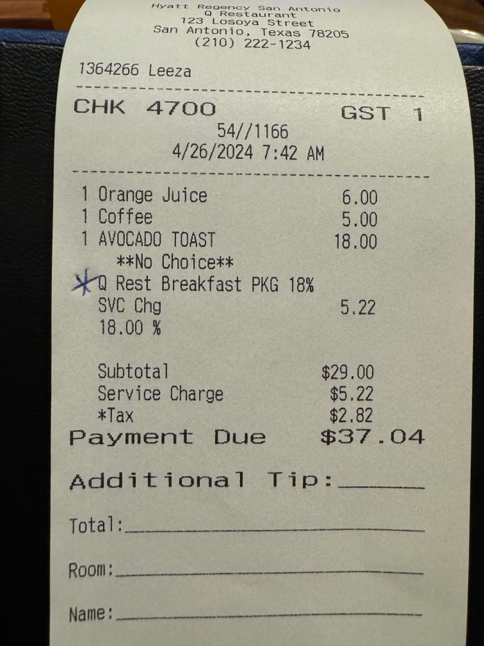Hyatt Regency San Antonio Riverwalk bill with service charge Hyatt Regency San Antonio Riverwalk bill with service charge