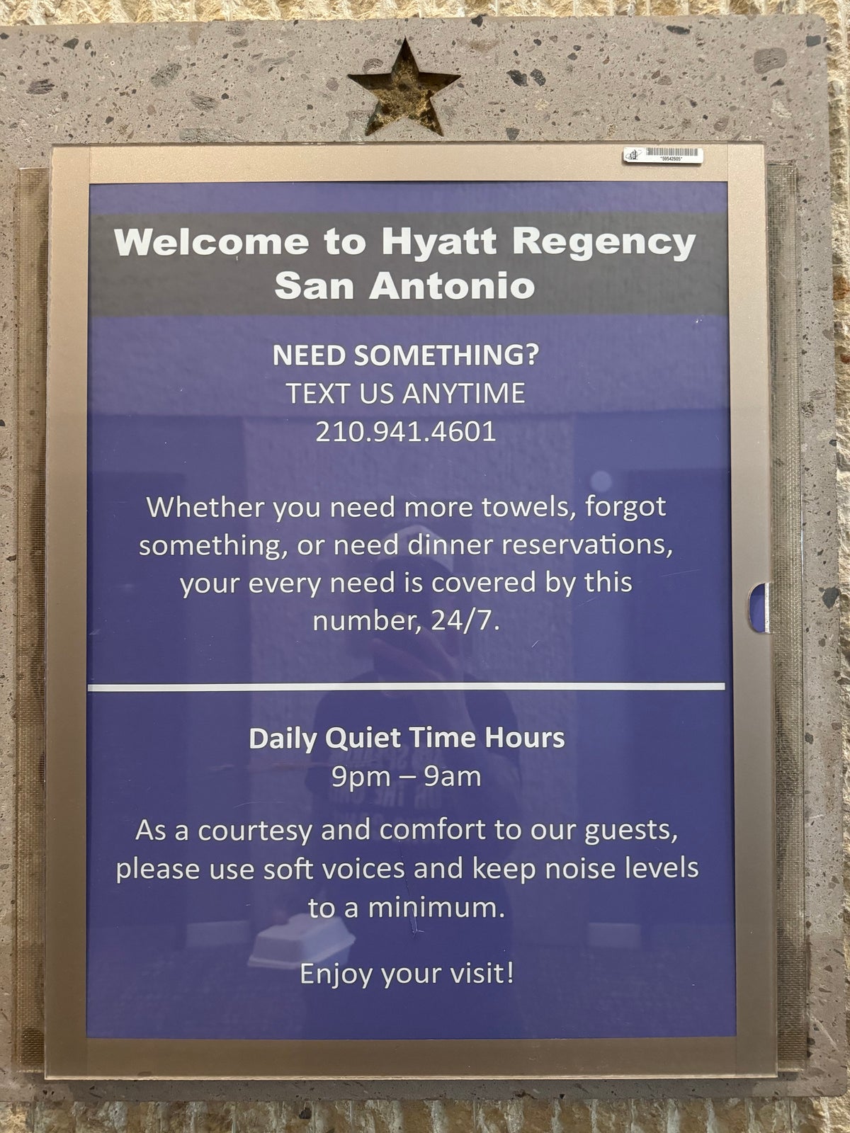 Hyatt Regency San Antonio Riverwalk quiet hours sign near elevators