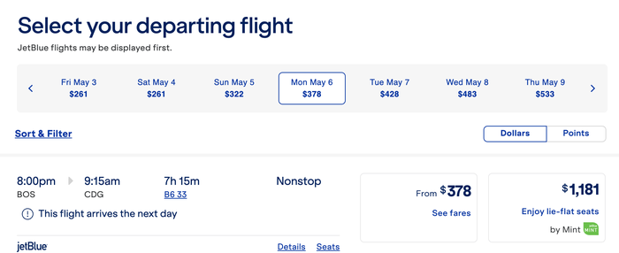 JetBlue BOS CDG Mint cash price JetBlue BOS CDG Mint cash price