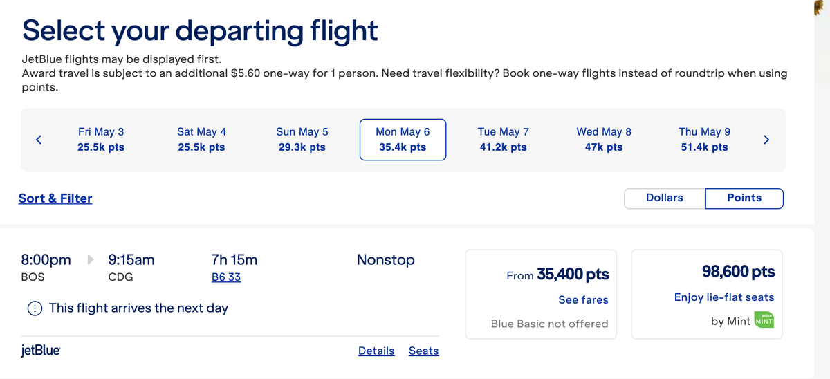 JetBlue BOS CDG Mint points price