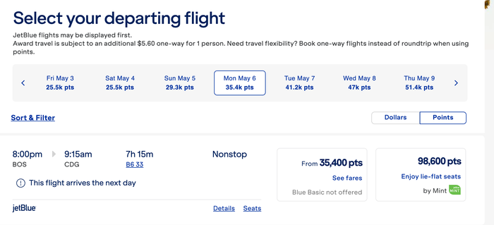 JetBlue BOS CDG Mint points price JetBlue BOS CDG Mint points price