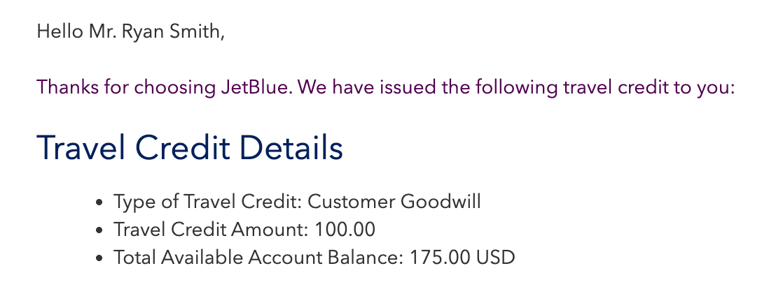 JetBlue travel credit