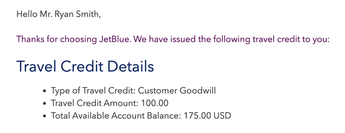 JetBlue travel credit