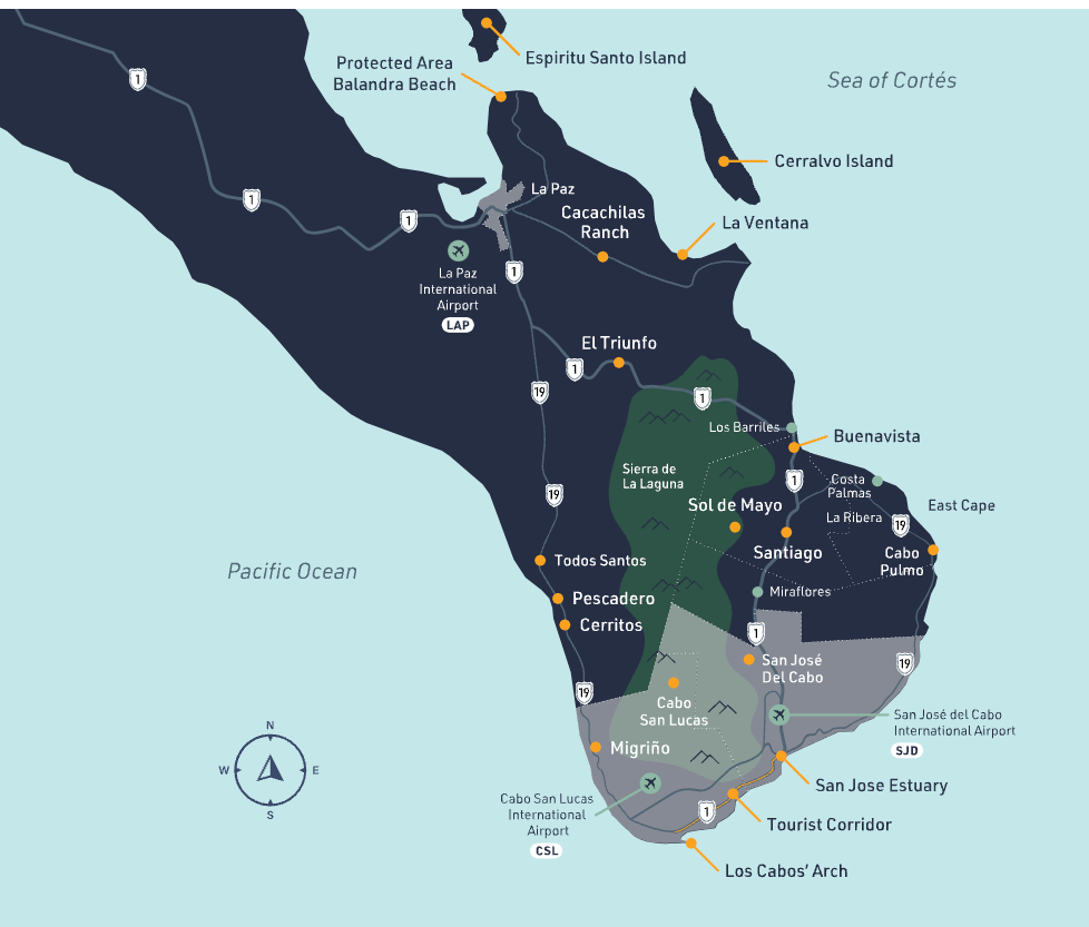 A map of Los Cabos and the surrounding area.