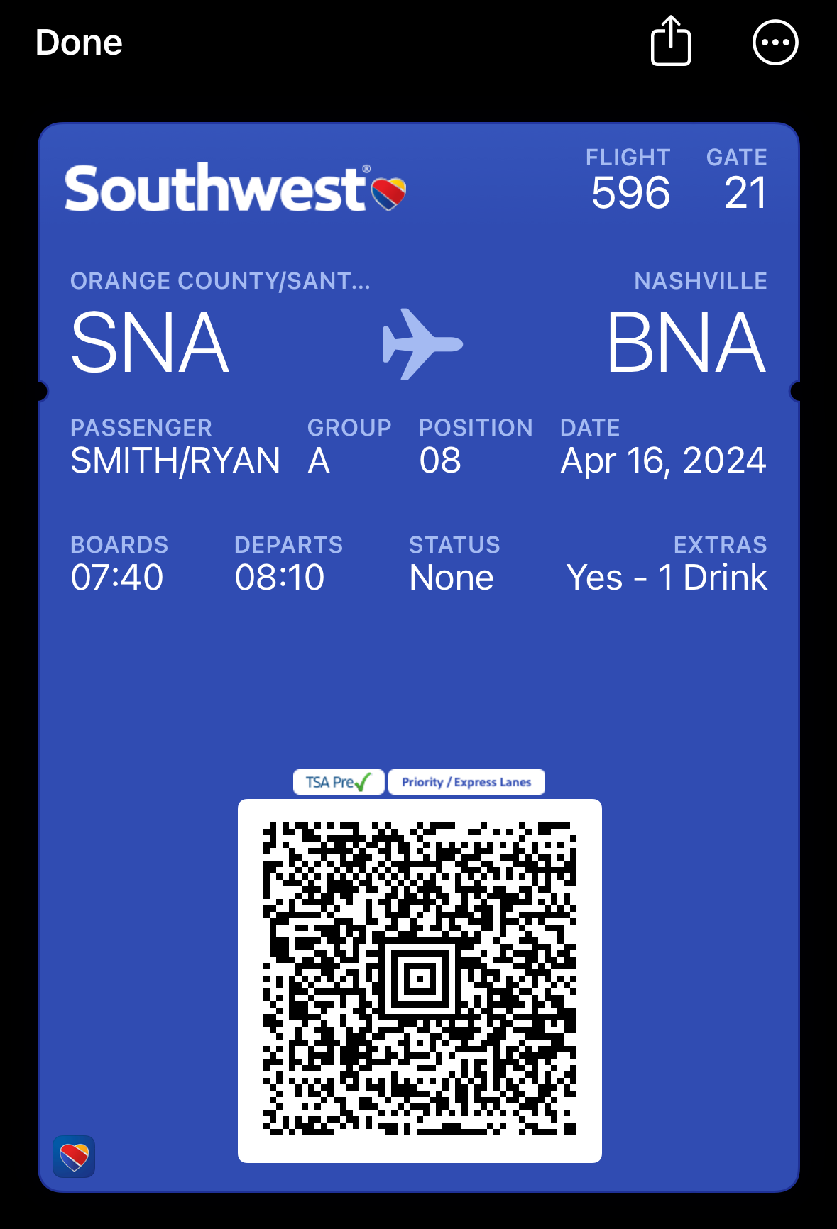 Southwest Airlines Business Select boarding pass