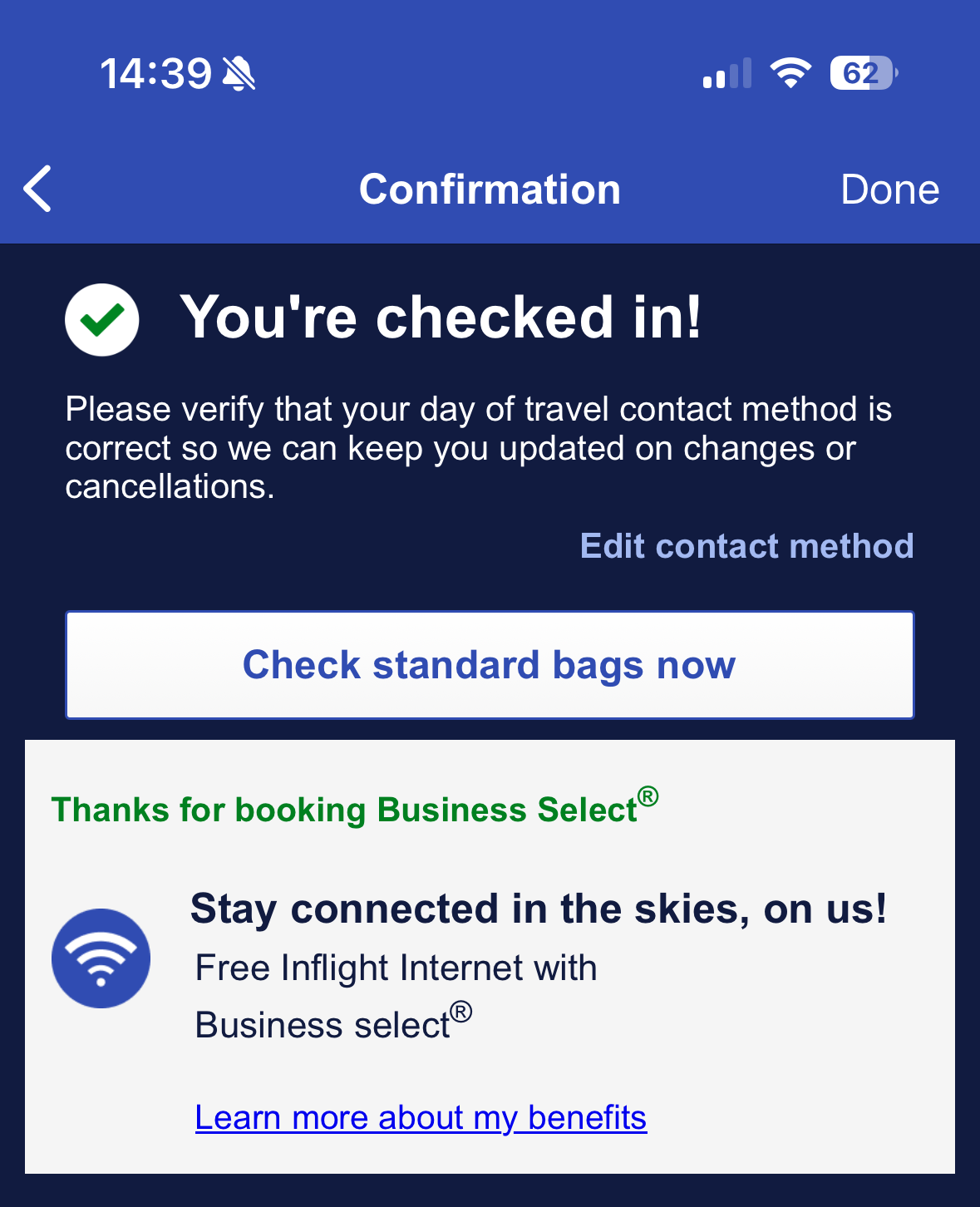 Southwest Airlines check in confirmation with wifi message