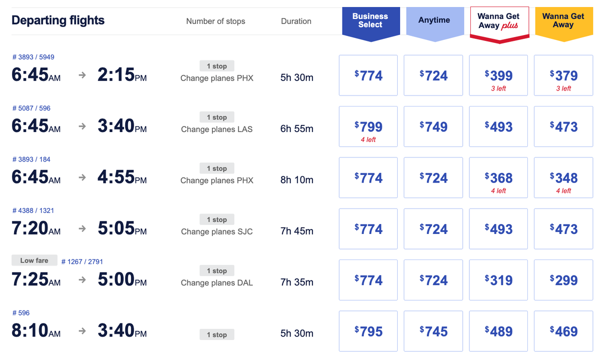 Southwest Airlines flight prices in cash SNA BNA