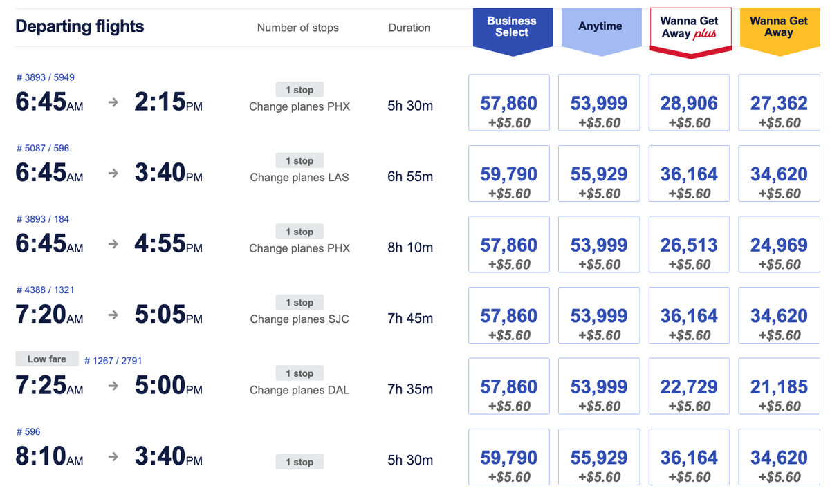 Southwest Airlines flight prices in points SNA BNA