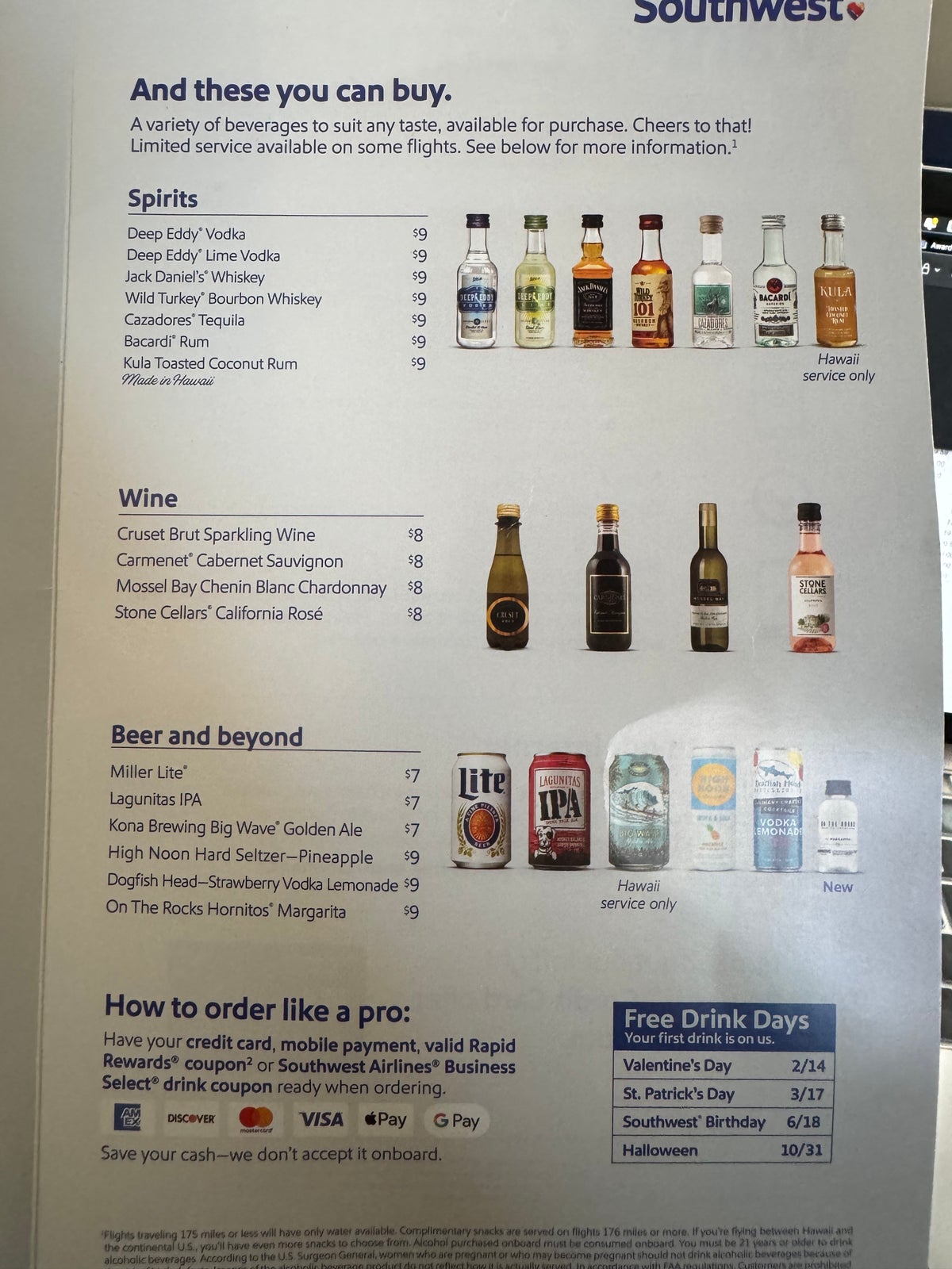 Southwest Airlines inflight drink menu
