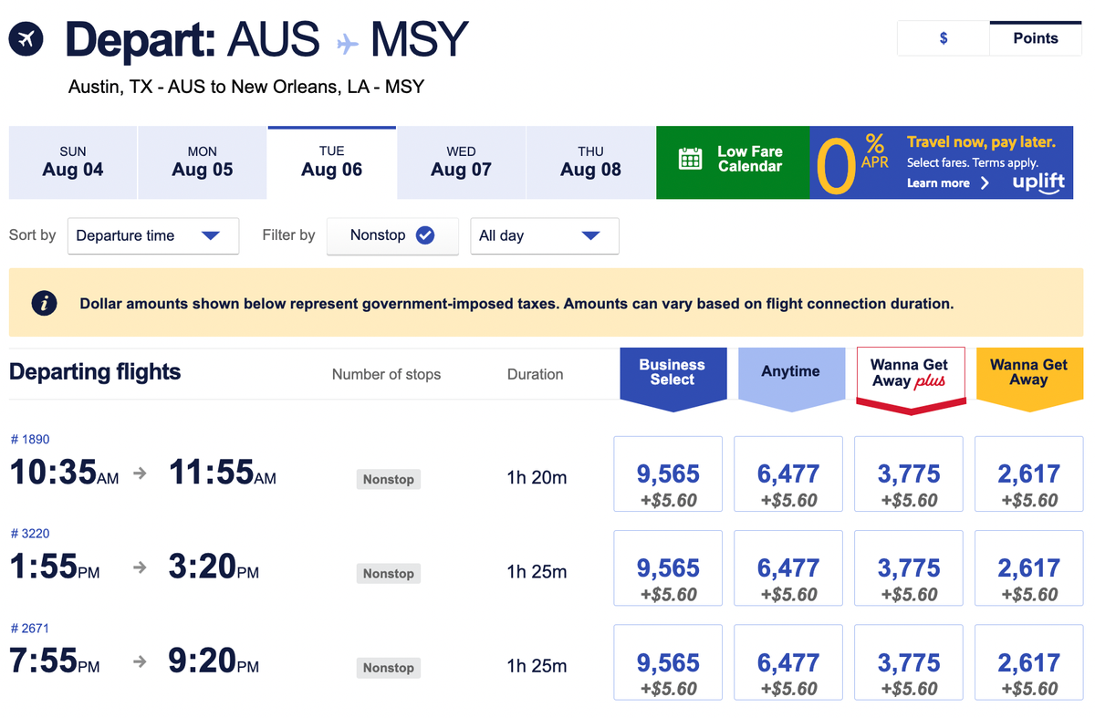 Southwest Pricing AUS MSY Screenshot