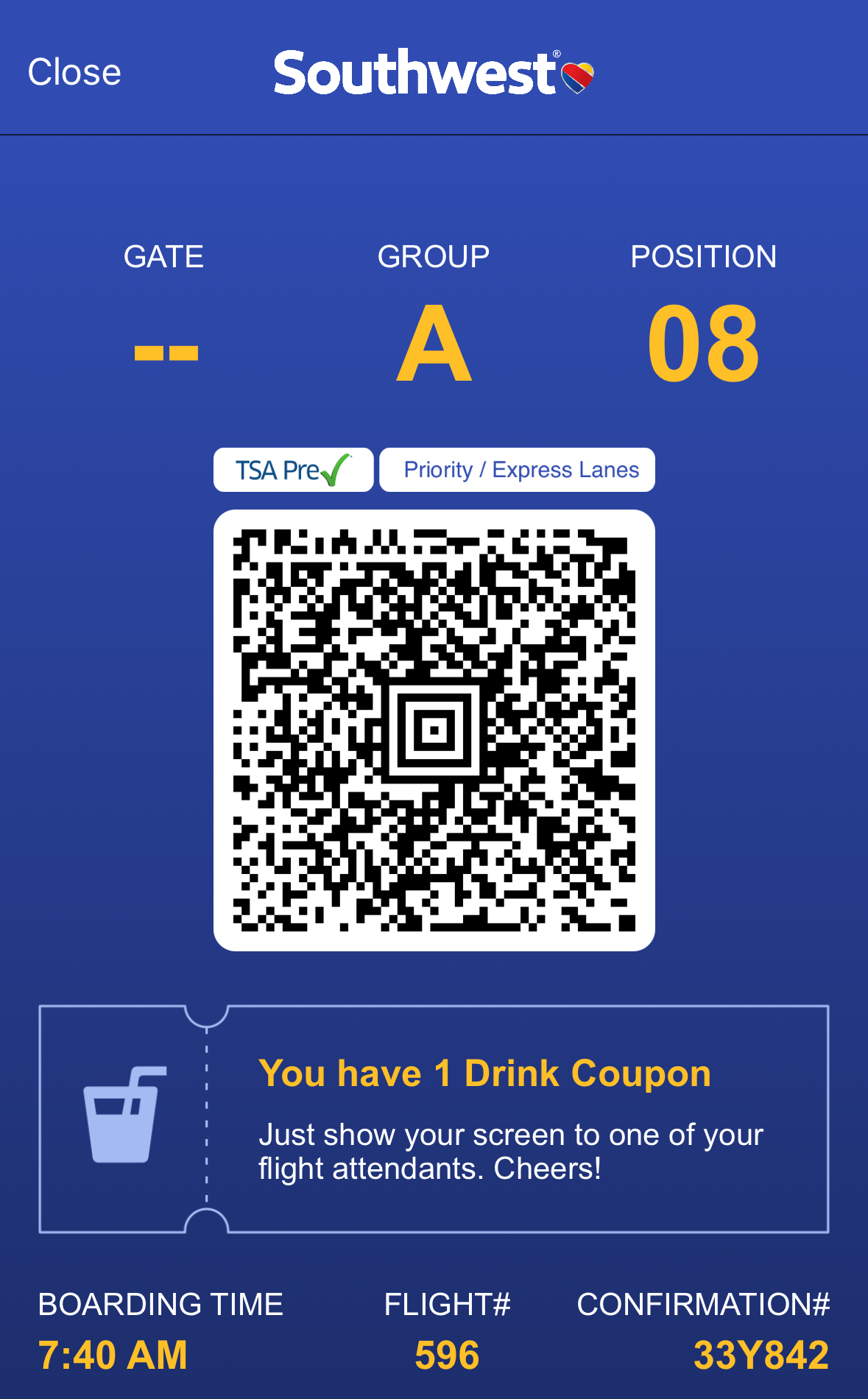 Southwest mobile app with Business Select boarding pass